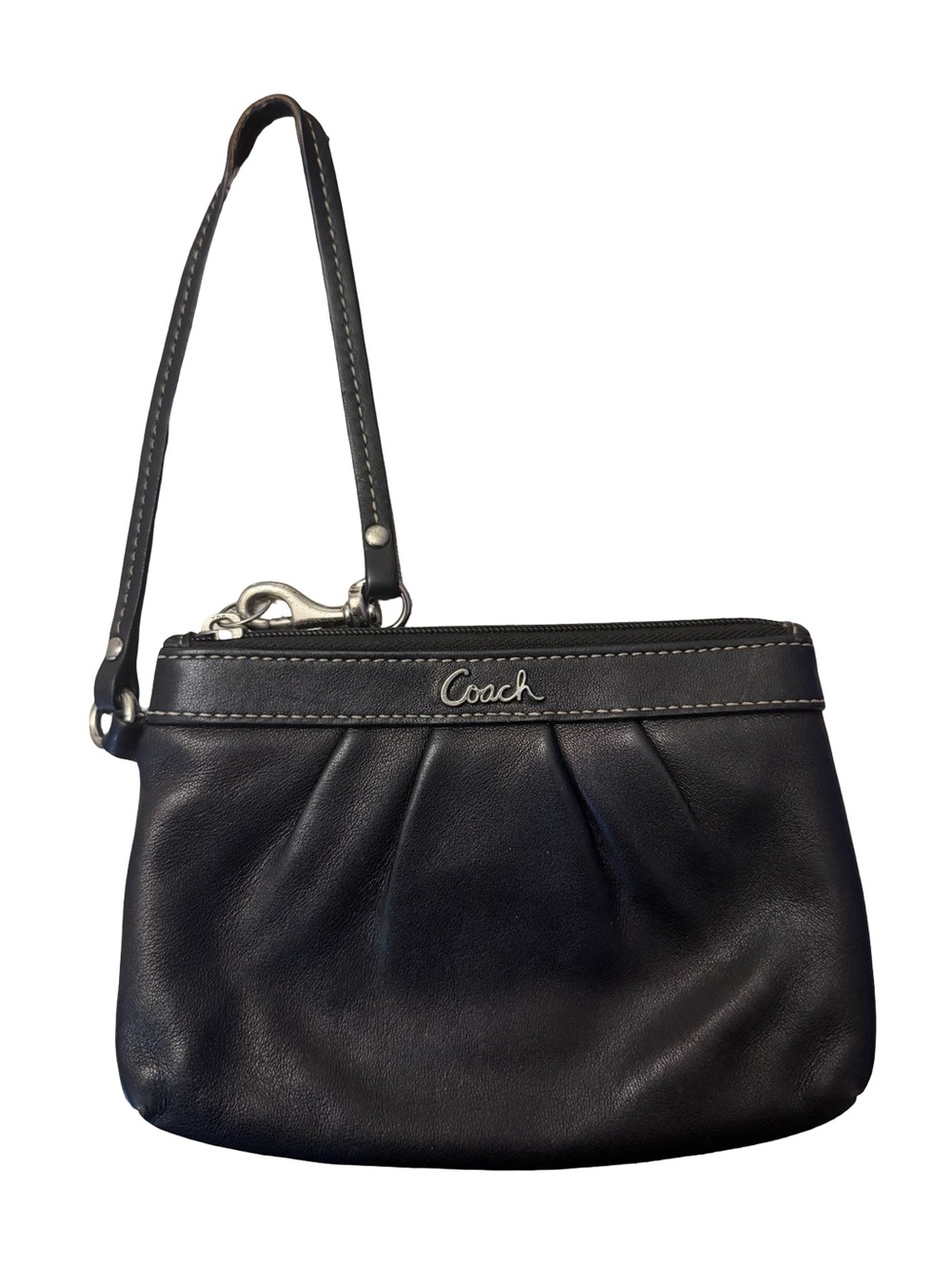 Coach Black Leather Wristlet with Signature Script Logo